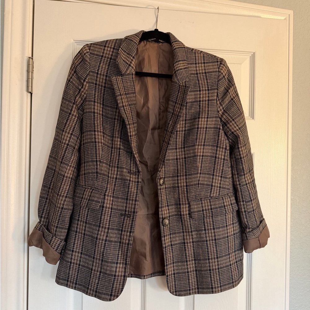 & Other Stories navy and brown plaid blazer, size 2